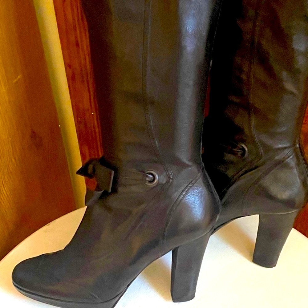 DKNY OTK Over the Knee Black Leather Boots Platform Y2K Victorian Bows 9 RARE! - Picture 7 of 11